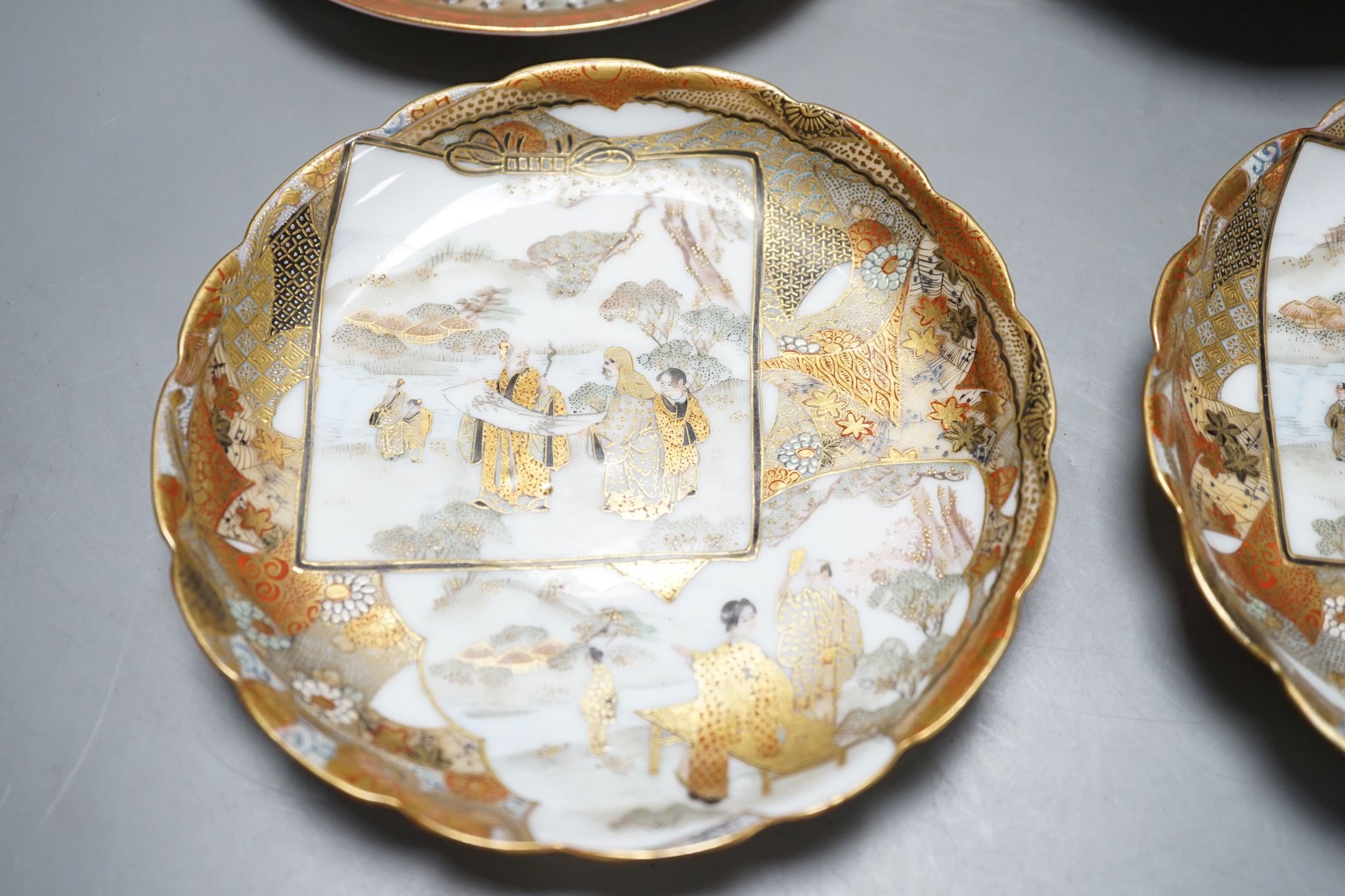 Two Japanese Satsuma pottery saucers, three Kutani saucers, and Imari dish and a Japanese cloisonné enamel koro and cover